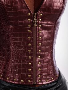 Amplova Low-Cut Riveted Crocodile Embossed PU Sleeveless Jacket - Burgundy - View 10