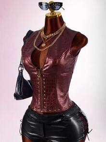 Amplova Low-Cut Riveted Crocodile Embossed PU Sleeveless Jacket - Burgundy - View 6