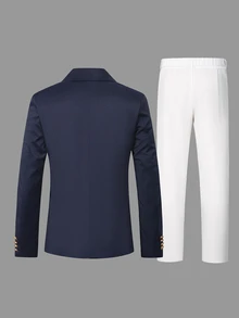Manfinity Bizformal 男士雙排扣商務風兩件套西裝套裝，成熟休閒商務通勤百搭日常西裝套裝 - 彩色 - 查看 2