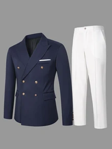 Manfinity Bizformal 男士雙排扣商務風兩件套西裝套裝，成熟休閒商務通勤百搭日常西裝套裝 - 彩色 - 查看 7