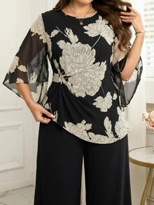 Reflora Plus Size Elegant Commuter Floral Print Shirt And Pants 2 Pieces Set,Women's Black Autumn Formal Evening Graduation Carnival Outfits Matching Suits - Black - View 10