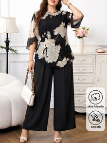Reflora Plus Size Elegant Commuter Floral Print Shirt And Pants 2 Pieces Set,Women's Black Autumn Formal Evening Graduation Carnival Outfits Matching Suits - Black - View 9