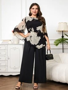 Reflora Plus Size Elegant Commuter Floral Print Shirt And Pants 2 Pieces Set,Women's Black Autumn Formal Evening Graduation Carnival Outfits Matching Suits - Black - View 7