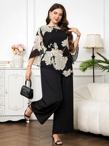 Reflora Plus Size Elegant Commuter Floral Print Shirt And Pants 2 Pieces Set,Women's Black Autumn Formal Evening Graduation Carnival Outfits Matching Suits - Black - View 5