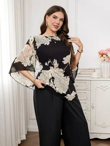 Reflora Plus Size Elegant Commuter Floral Print Shirt And Pants 2 Pieces Set,Women's Black Autumn Formal Evening Graduation Carnival Outfits Matching Suits - Black - View 2