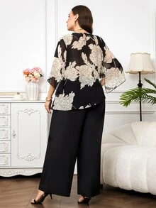 Reflora Plus Size Elegant Commuter Floral Print Shirt And Pants 2 Pieces Set,Women's Black Autumn Formal Evening Graduation Carnival Outfits Matching Suits - Black - View 4