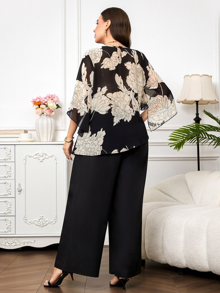 Reflora Plus Size Elegant Commuter Floral Print Shirt And Pants 2 Pieces Set,Women's Black Autumn Formal Evening Graduation Carnival Outfits Matching Suits - Black - View 3