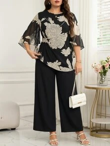 Reflora Plus Size Elegant Commuter Floral Print Shirt And Pants 2 Pieces Set,Women's Black Autumn Formal Evening Graduation Carnival Outfits Matching Suits - Black - View 6