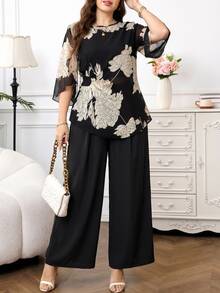 Reflora Plus Size Elegant Commuter Floral Print Shirt And Pants 2 Pieces Set,Women's Black Autumn Formal Evening Graduation Carnival Outfits Matching Suits - Black - View 3