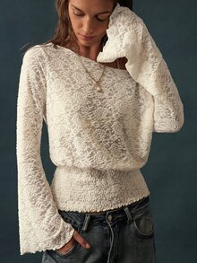 Bohemela Women's Boat Neck Long Sleeve Waist-Cinched Fashion Top - Apricot - View 3