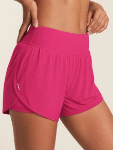 Powerista Women Sports Activewear Bottom's Solid Color High Waist Double Layer Casual Workout Shorts - Hot Pink - View 4