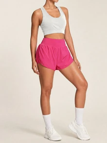 Powerista Women Sports Activewear Bottom's Solid Color High Waist Double Layer Casual Workout Shorts - Hot Pink - View 6