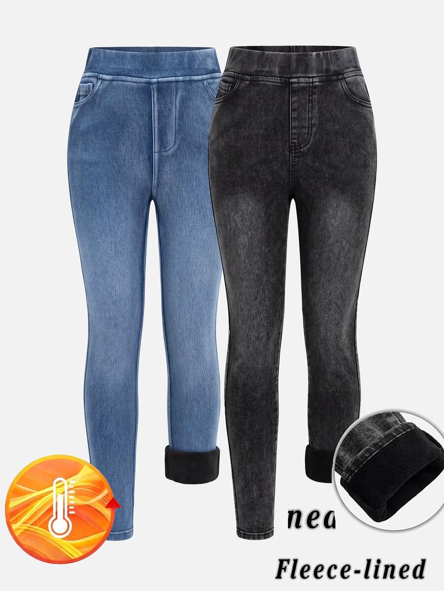 SHEIN Girlism 青少年女孩 2件組 秋/冬丹寧刷毛內裡彈性緊身長褲 - 彩色 - 查看 1