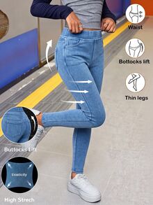 SHEIN Girlism 青少年女孩 2件組 秋/冬丹寧刷毛內裡彈性緊身長褲 - 彩色 - 查看 7