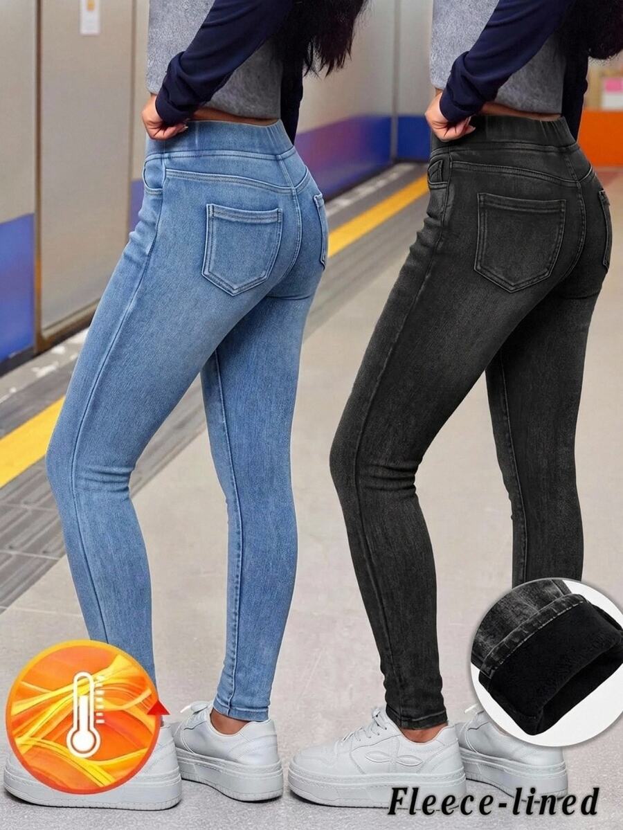 SHEIN Girlism Kids Tween Girl 2pcs Girls' Autumn/Winter Denim Fleece Lined Stretch Skinny Long Pants - Multicolor - View 1
