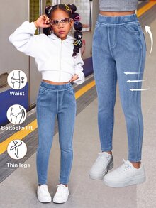 SHEIN Girlism 青少年女孩 2件組 秋/冬丹寧刷毛內裡彈性緊身長褲 - 彩色 - 查看 4
