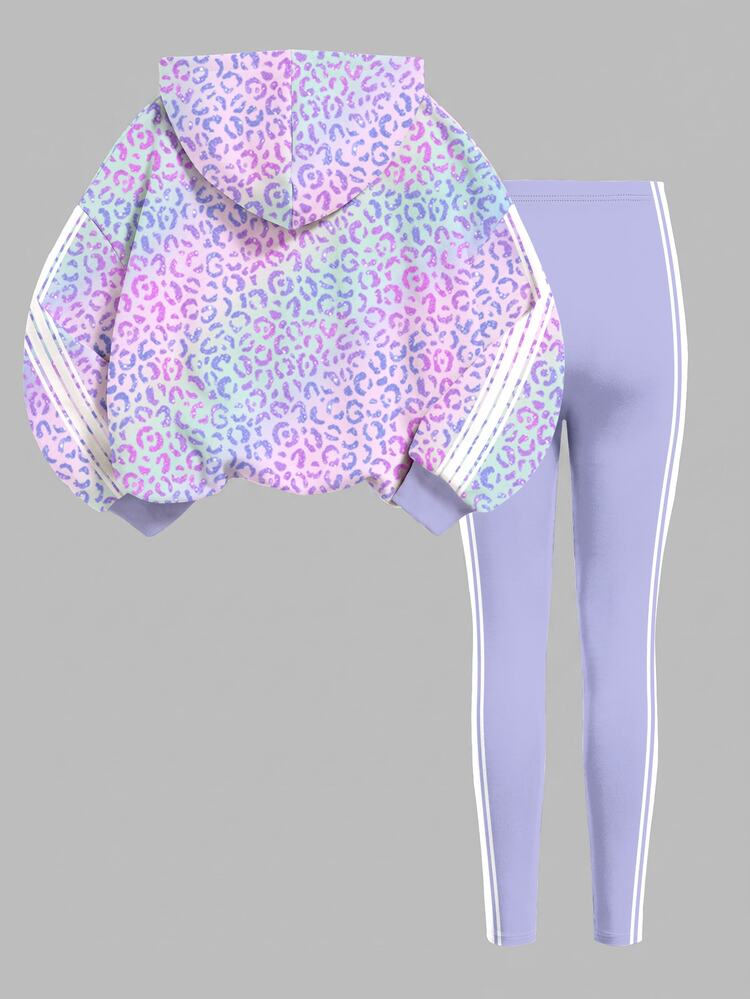 Lilac Purple, Shiny Rainbow Colorful Leopard Print, Girls' Casual Comfortable Soft Loose Hooded Sweatshirt & Leggings 2 Pieces Set, New Style Suitable For Autumn Daily, Chic, Sports, Campus, Music Festival, Back To School, Sweet & Playful Sweet Cool Girl, Fashionable & Energetic College Style, Personalized Relaxed Fashion, Cyber Sweetheart, Y2K - Multicolor - View 3