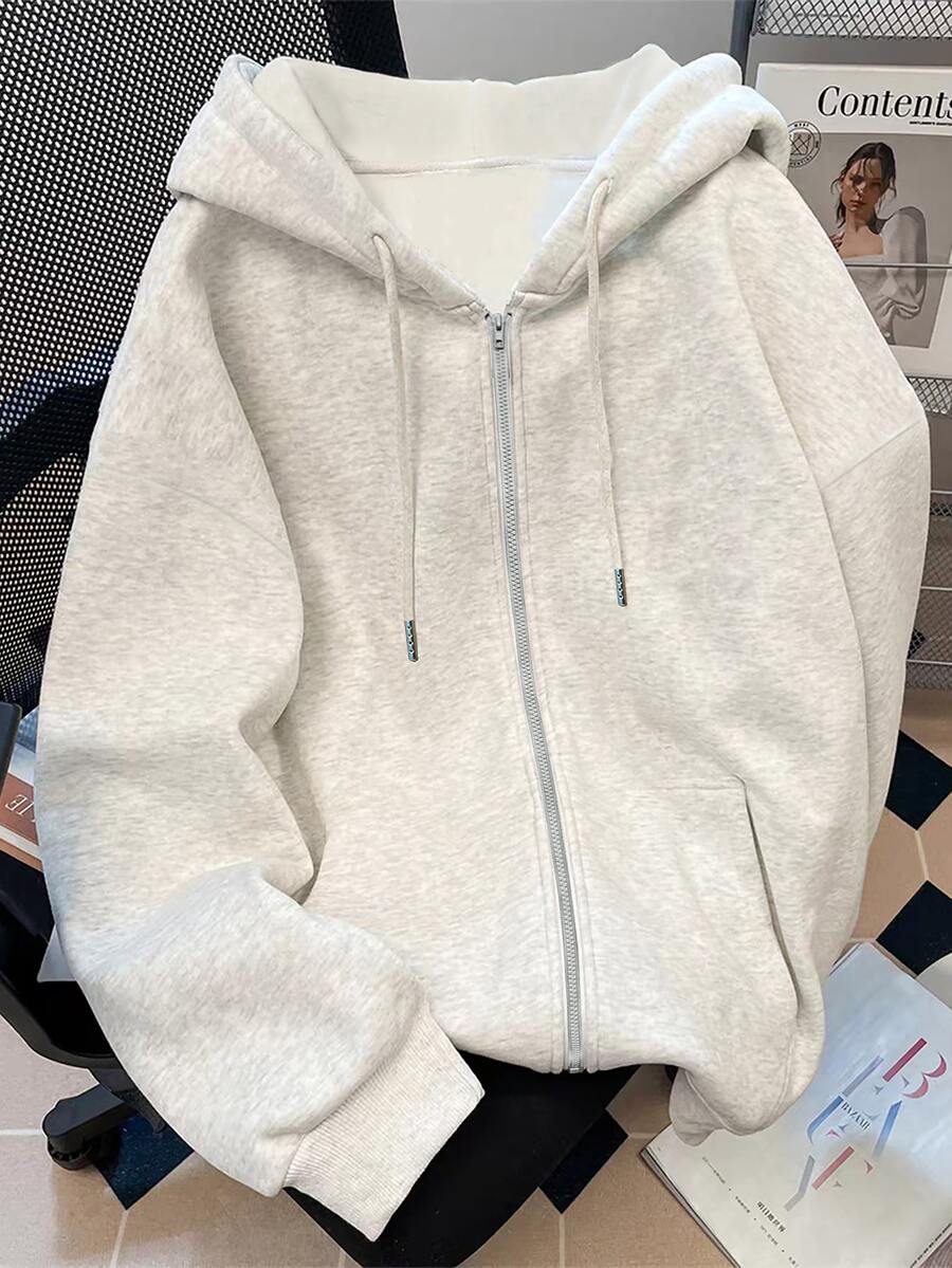 Resyla Plus Size Light Gray Zip-Up Hooded Sweatshirt For Women, Solid Color Casual Open Front Jacket With Drawstring Hood And Dual Side Pockets, Basic Sweatshirt Outerwear - Grey - View 1