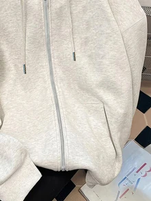 Resyla Plus Size Light Gray Zip-Up Hooded Sweatshirt For Women, Solid Color Casual Open Front Jacket With Drawstring Hood And Dual Side Pockets, Basic Sweatshirt Outerwear - Grey - View 4