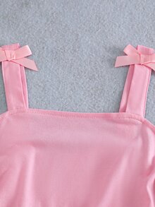 Genkimix Kids 适合少女的优雅飘逸夏季海岛风连衣裙，透视廓形，时尚纯色基础款连衣裙，肩部饰有蝴蝶结荷叶边吊带，适合女孩参加派对和正式场合。 - 粉色 - 查看 5