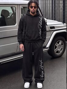 GETOML Men's Letter Print Hoodie & Sweatpants Set,Casual Hoodie Outfit Set,Fleece Hoodie Set,Matching Hoodie Set Halloween Winter Party Autumn - Black - View 2