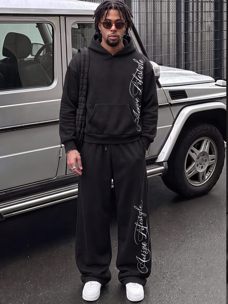 GETOML Men's Letter Print Hoodie & Sweatpants Set,Casual Hoodie Outfit Set,Fleece Hoodie Set,Matching Hoodie Set Halloween Winter Party Autumn