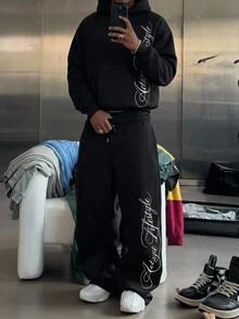 GETOML Men's Letter Print Hoodie & Sweatpants Set,Casual Hoodie Outfit Set,Fleece Hoodie Set,Matching Hoodie Set Halloween Winter Party Autumn - Black - View 10