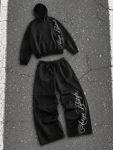 GETOML Men's Letter Print Hoodie & Sweatpants Set,Casual Hoodie Outfit Set,Fleece Hoodie Set,Matching Hoodie Set Halloween Winter Party Autumn - Black - View 9