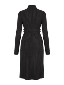SHEIN Maternity Casual Elegant Solid Color Stand Collar Knit Dress For Autumn/Winter Thanksgiving Halloween Photoshoot Formal Grey - Coffee Brown - View 5