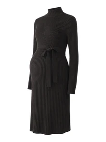 SHEIN Maternity Casual Elegant Solid Color Stand Collar Knit Dress For Autumn/Winter Thanksgiving Halloween Photoshoot Formal Grey - Coffee Brown - View 6