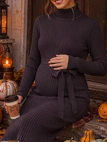 SHEIN Maternity Casual Elegant Solid Color Stand Collar Knit Dress For Autumn/Winter Thanksgiving Halloween Photoshoot Formal Grey - Coffee Brown - View 2