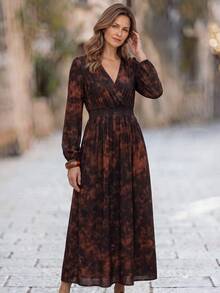 Hansera 2026 Autumn New Regular Women Long Dress Vacation Brown Checkered Boho - Brown - View 1