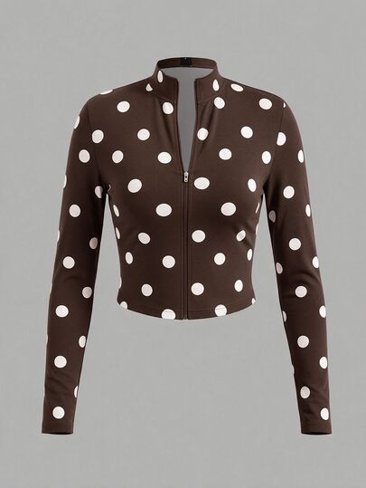 Slaydiva Early Autumn Half Collar Zipper Neck V-Neck Long Sleeve Slim Fit Jacket Elastic Polka Dot Top New Style Summer, Music Festival, Valentine's Day, Easter, Back To School Season, Casual, Minimalist, Basic, Street Y2K, Sweet Street Style, Hot , Daily Date Women's Thin Jacket