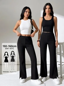 SHEIN PETITE 黑色開衩喇叭褲，小碼女款 - 黑色 - 查看 2