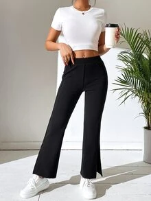 SHEIN PETITE 黑色開衩喇叭褲，小碼女款 - 黑色 - 查看 7