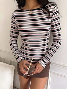 Muchica 休閒極簡性感露肩奶油黃條紋長袖T恤，適合秋冬季節，秋冬穿搭，奶油黃條紋讓你顯白 - 彩色 - 查看 7