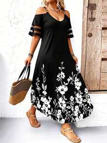 EMERY ROSE Plus Size Shoulder Strap Off-Shoulder Short Sleeve Dress Maxi Women Outfit - Multicolor - View 7