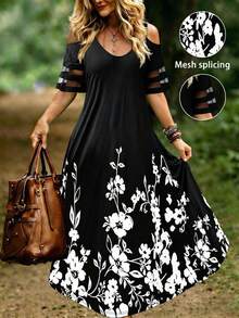 EMERY ROSE Plus Size Shoulder Strap Off-Shoulder Short Sleeve Dress Maxi Women Outfit - Multicolor - View 6