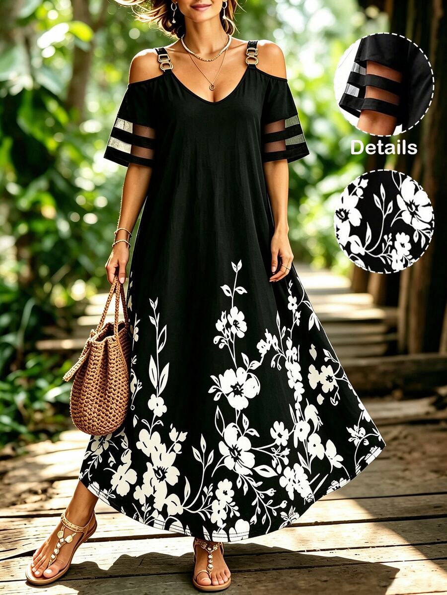 EMERY ROSE Plus Size Shoulder Strap Off-Shoulder Short Sleeve Dress Maxi Women Outfit