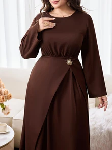 Veilorie Plus Size Metal Flower Decor Ruched Waist Long Sleeve Dress - Coffee Brown - View 6