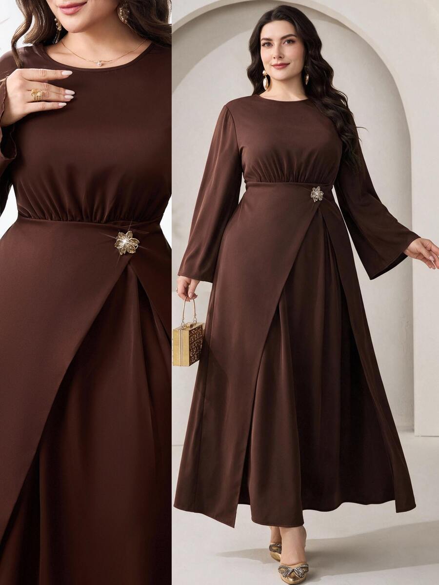 Veilorie Plus Size Metal Flower Decor Ruched Waist Long Sleeve Dress - Coffee Brown - View 1