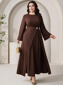 Veilorie Plus Size Metal Flower Decor Ruched Waist Long Sleeve Dress - Coffee Brown - View 3