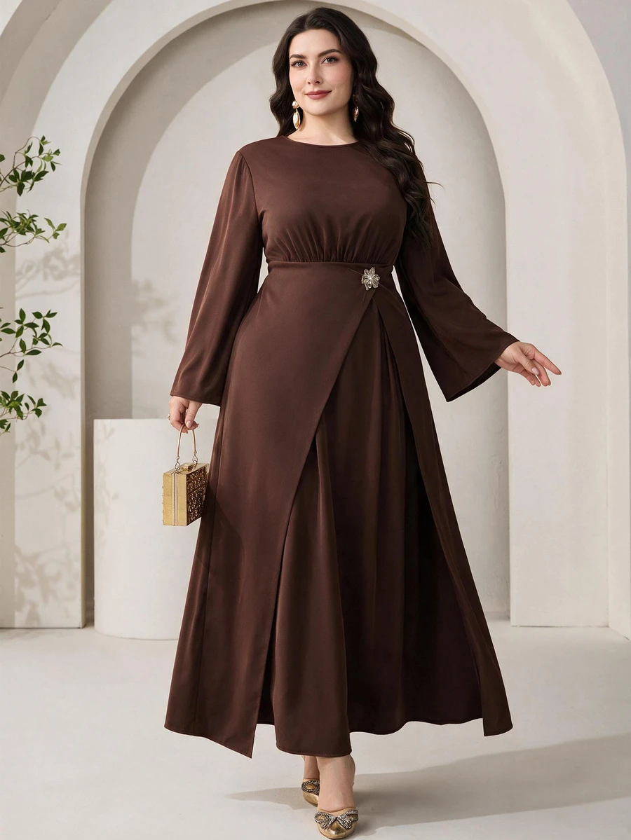 Veilorie Plus Size Metal Flower Decor Ruched Waist Long Sleeve Dress - Coffee Brown - View 1