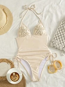 Bonvoyette Traje de baño de una pieza sexy color albaricoque con cuello en V y lazo halter para vacaciones de verano en la playa, con detalle floral, traje de baño fruncido con cordón y flores 3D - Albaricoque - Ver 3