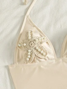 Bonvoyette Traje de baño de una pieza sexy color albaricoque con cuello en V y lazo halter para vacaciones de verano en la playa, con detalle floral, traje de baño fruncido con cordón y flores 3D - Albaricoque - Ver 5