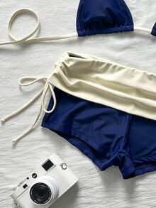 SHEIN Swim 拼色比基尼套裝，包含掛脖三角罩杯與高腰包臀短褲，修身遮肉，夏季度假泳裝 - 藏蓝色 - 查看 6