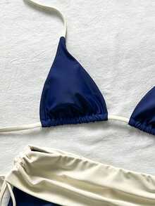 SHEIN Swim 拼色比基尼套裝，包含掛脖三角罩杯與高腰包臀短褲，修身遮肉，夏季度假泳裝 - 藏蓝色 - 查看 8