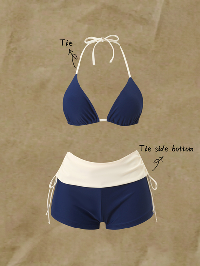 SHEIN Swim Conjunto de bikini con bloques de color que consta de un top de triángulo con cuello y shorts envolventes de cintura alta. Estiliza y cubre la grasa corporal. Traje de baño para vacaciones de verano