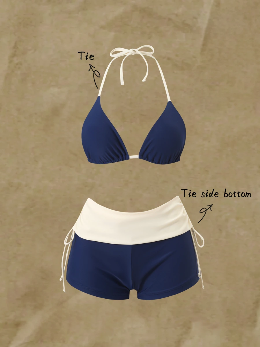 SHEIN Swim 拼色比基尼套裝，包含掛脖三角罩杯與高腰包臀短褲，修身遮肉，夏季度假泳裝