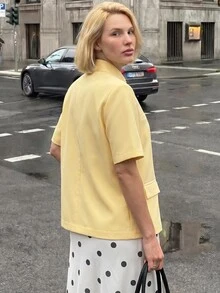 Struktiv Women's Spring/Summer Casual Asymmetric Placket Short Sleeve Solid Color Versatile Loose Fit Everyday Commute Jacket - Yellow - View 2